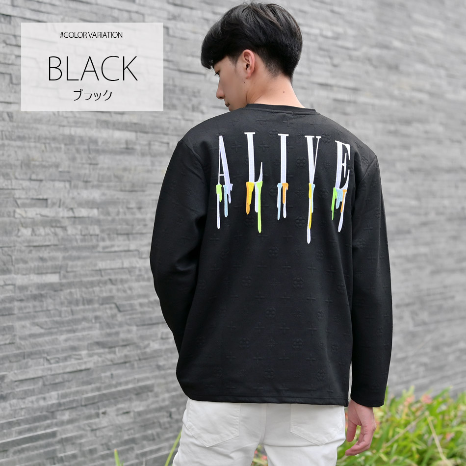 長袖Tシャツ メンズ ロンT 長袖 春秋冬 織柄 総柄 刺繍 ストリート系 サーフ系 モード系 韓国ファッション オラオラ系 ビター系 ホワイト ブラック 白 黒 M L XL | EVOLUTION | 06