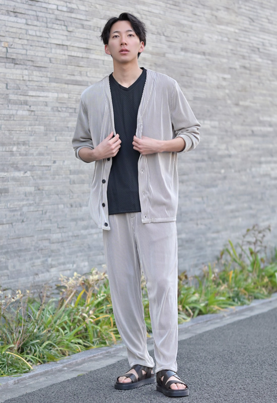 サマーカーディガン メンズ ロングカーディガン ロング丈 薄手 長袖 春夏秋 ホワイト ベージュ ブラック ブラウン 白 黒 プリーツ ストレッチ M L XL | EVOLUTION | 15