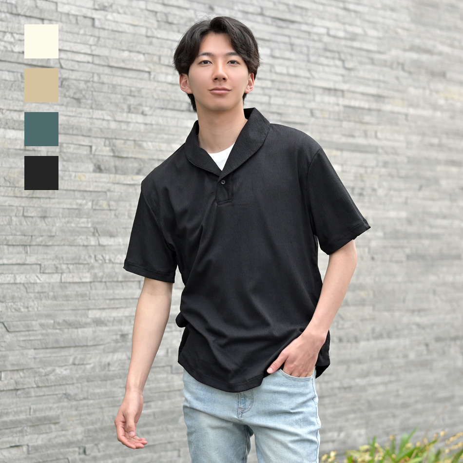 ポロシャツ メンズ 半袖ポロシャツ 無地 楊柳 総柄 ショールカラー 夏 ゴルフ シンプル 綺麗め モード 白 黒 アイボリー グリーン ブラック M L XL LL 2L | EVOLUTION