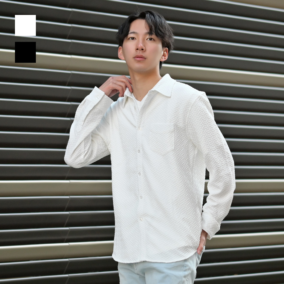 シャツ メンズ カジュアルシャツ 春夏秋 ジャガード ランダムサッカー 速乾 長袖 タイト 細め ホワイト ブラック 白 黒 M L XL LL 2L | EVOLUTION