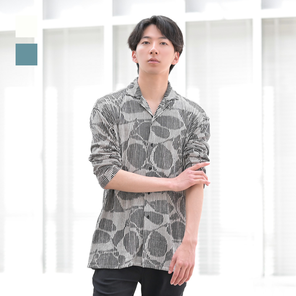 シャツ メンズ シアーシャツ 長袖シャツ カジュアルシャツ 開襟シャツ 総柄 モード系 韓国ファッション 春夏秋 ランダムストライプ ブルー ホワイト M L XL | EVOLUTION
