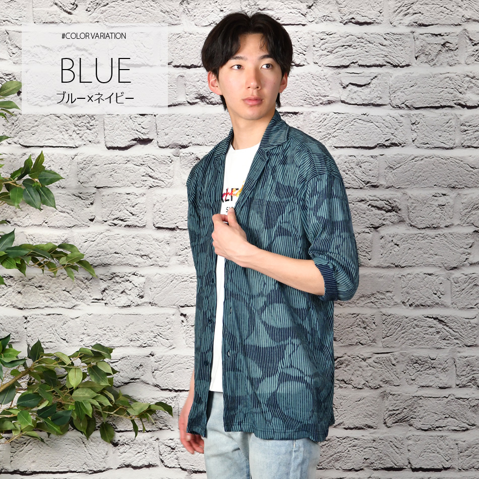 シャツ メンズ シアーシャツ 長袖シャツ カジュアルシャツ 開襟シャツ 総柄 モード系 韓国ファッション 春夏秋 ランダムストライプ ブルー ホワイト M L XL | EVOLUTION | 01