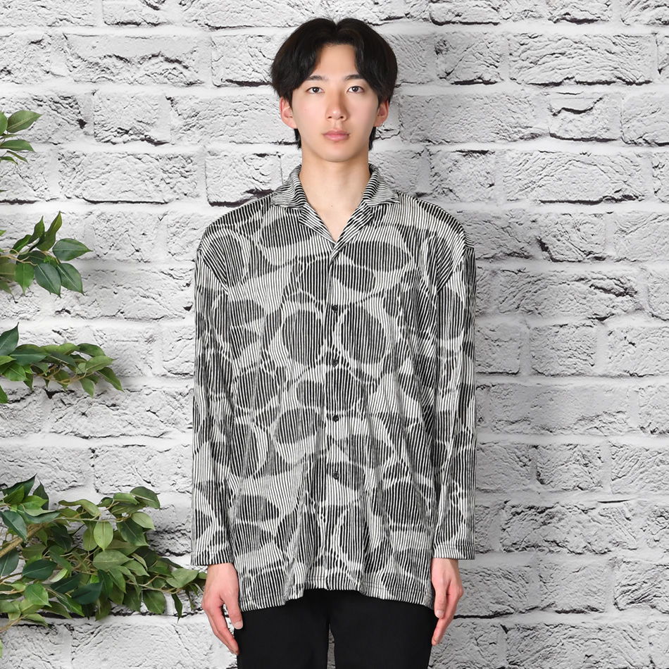 シャツ メンズ シアーシャツ 長袖シャツ カジュアルシャツ 開襟シャツ 総柄 モード系 韓国ファッション 春夏秋 ランダムストライプ ブルー ホワイト M L XL | EVOLUTION | 08