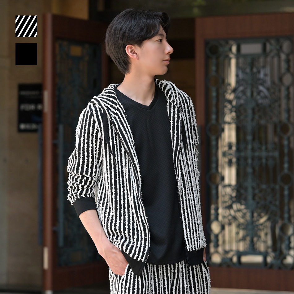 パーカー メンズ ジップアップ ストライプ フリンジ 春夏秋 セットアップ(別売) 韓国ファッション サーフ系 オラオラ系 白 黒 ホワイト ブラック M L XL | EVOLUTION