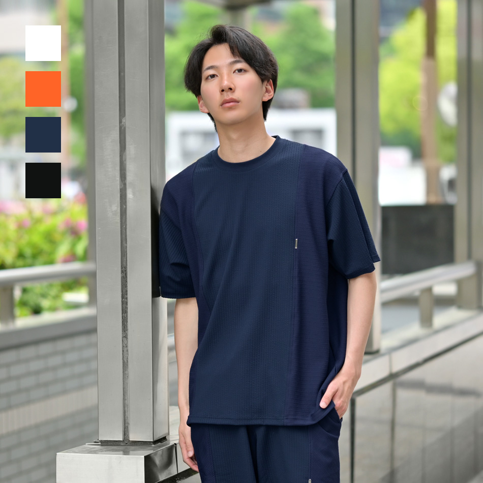 Tシャツ メンズ 半袖 無地 ビッグシルエット 春夏秋 ジムウエア トレーニングウエア ホワイト オレンジ ネイビー ブラック 白 黒 ジャガード ドッキング M L XL | EVOLUTION