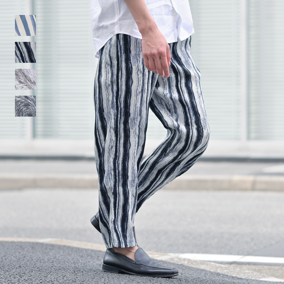 イージーパンツ メンズ テーパードパンツ 薄手 総柄 プリーツ ストレッチ 春秋冬 ビター系 韓国ファッション 韓国系 モード系 黒 ブルー ホワイト ブラック M L | EVOLUTION