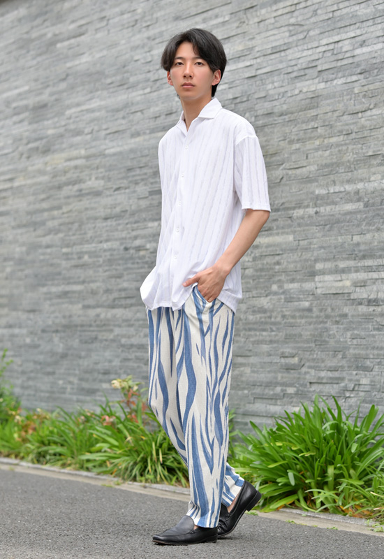 イージーパンツ メンズ テーパードパンツ 薄手 総柄 プリーツ ストレッチ 春秋冬 ビター系 韓国ファッション 韓国系 モード系 黒 ブルー ホワイト ブラック M L | EVOLUTION | 07