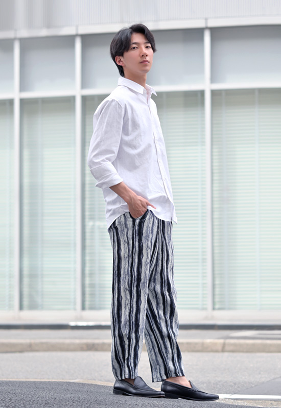 イージーパンツ メンズ テーパードパンツ 薄手 総柄 プリーツ ストレッチ 春秋冬 ビター系 韓国ファッション 韓国系 モード系 黒 ブルー ホワイト ブラック M L | EVOLUTION | 09