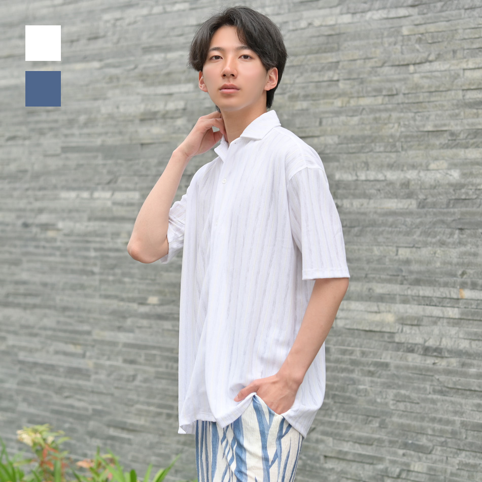 シアーシャツ メンズ 開襟シャツ オープンカラーシャツ カジュアルシャツ 半袖 ストライプ 春夏 綺麗め モード系 サーフ系 白 ホワイト ブルー M L XL LL 2L | EVOLUTION