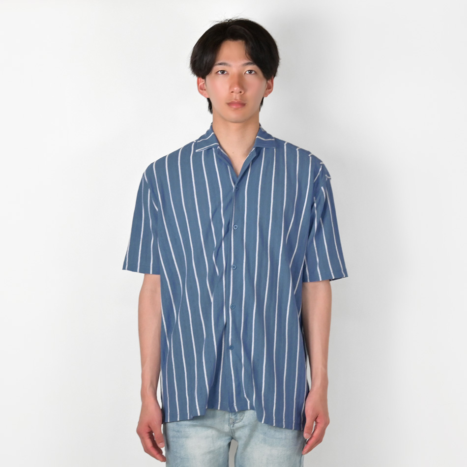 シアーシャツ メンズ 開襟シャツ オープンカラーシャツ カジュアルシャツ 半袖 ストライプ 春夏 綺麗め モード系 サーフ系 白 ホワイト ブルー M L XL LL 2L | EVOLUTION | 09