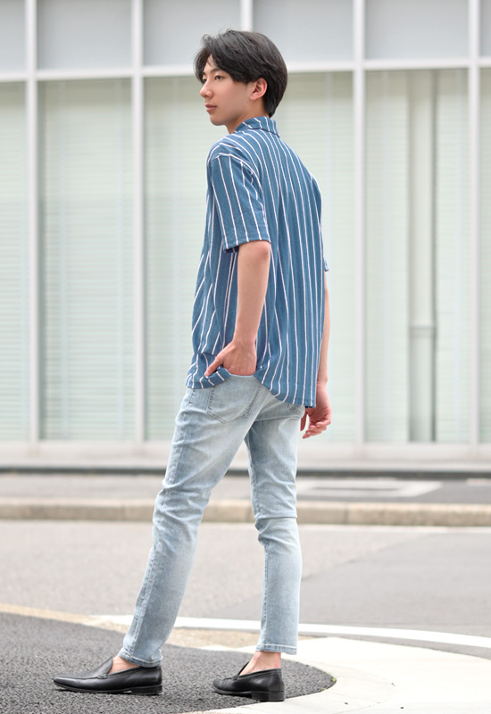 シアーシャツ メンズ 開襟シャツ オープンカラーシャツ カジュアルシャツ 半袖 ストライプ 春夏 綺麗め モード系 サーフ系 白 ホワイト ブルー M L XL LL 2L | EVOLUTION | 08