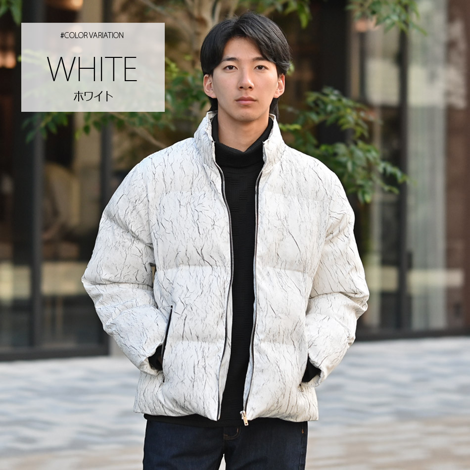 ダウンジャケット メンズ 中綿 エコダウン sorona 高機能中綿 暖かい 総柄 モード系 韓国ファッション 白 黒 ホワイト ブラック M L XL LL 2L | EVOLUTION | 01