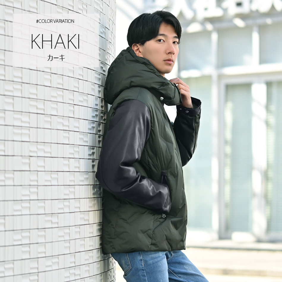 ダウンジャケット メンズ 中綿 シームレス 合皮 フェイクレザー 撥水 韓国ファッション モード系 ビター系 白 黒 ホワイト カーキ ブラック M L XL LL 2L | EVOLUTION | 09