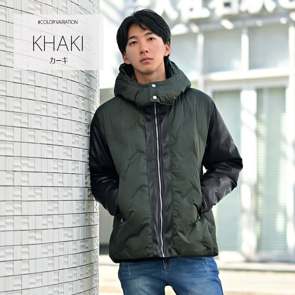 ダウンジャケット メンズ 中綿 シームレス 合皮 フェイクレザー 撥水 韓国ファッション モード系 ビター系 白 黒 ホワイト カーキ ブラック M L XL LL 2L | EVOLUTION | 02