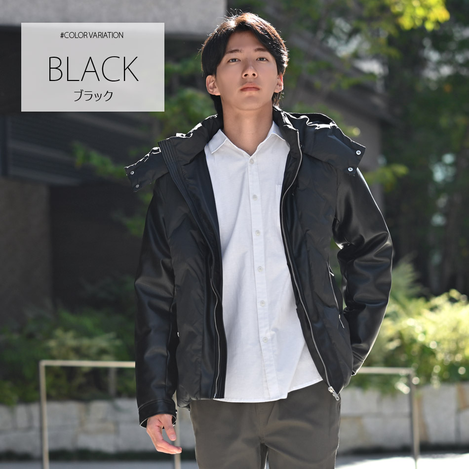 ダウンジャケット メンズ 中綿 シームレス 合皮 フェイクレザー 撥水 韓国ファッション モード系 ビター系 白 黒 ホワイト カーキ ブラック M L XL LL 2L | EVOLUTION | 11