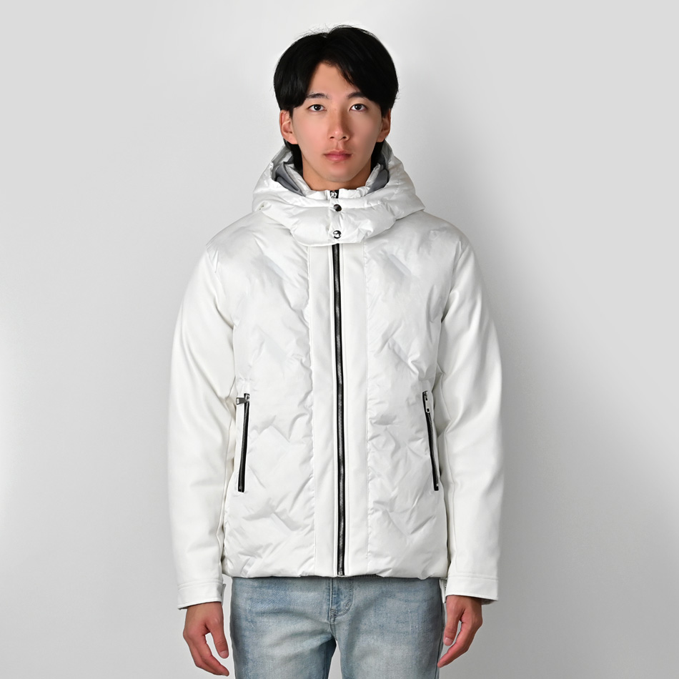 ダウンジャケット メンズ 中綿 シームレス 合皮 フェイクレザー 撥水 韓国ファッション モード系 ビター系 白 黒 ホワイト カーキ ブラック M L XL LL 2L | EVOLUTION | 13