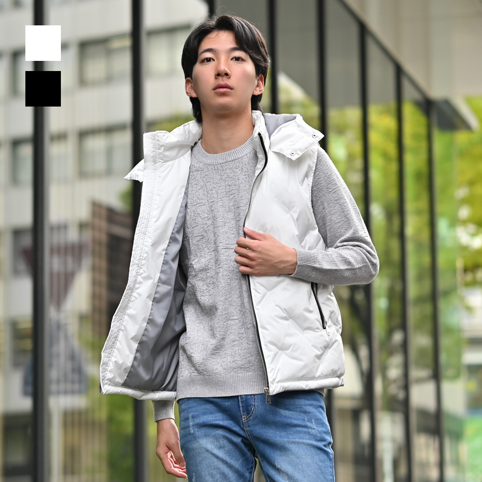 ダウンベスト メンズ シームレス 撥水加工 秋冬 フード取り外し可 無地 モード アウトドア サーフ 暖かい 軽い 細身 タイト 白 黒 ホワイト ブラック M L XL | 