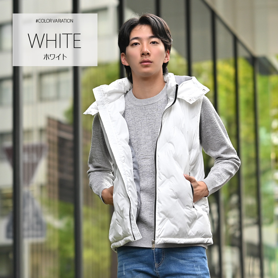 ダウンベスト メンズ シームレス 撥水加工 秋冬 フード取り外し可 無地 モード アウトドア サーフ 暖かい 軽い 細身 タイト 白 黒 ホワイト ブラック M L XL |  | 01