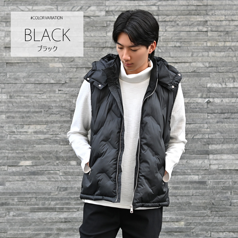 ダウンベスト メンズ シームレス 撥水加工 秋冬 フード取り外し可 無地 モード アウトドア サーフ 暖かい 軽い 細身 タイト 白 黒 ホワイト ブラック M L XL |  | 02