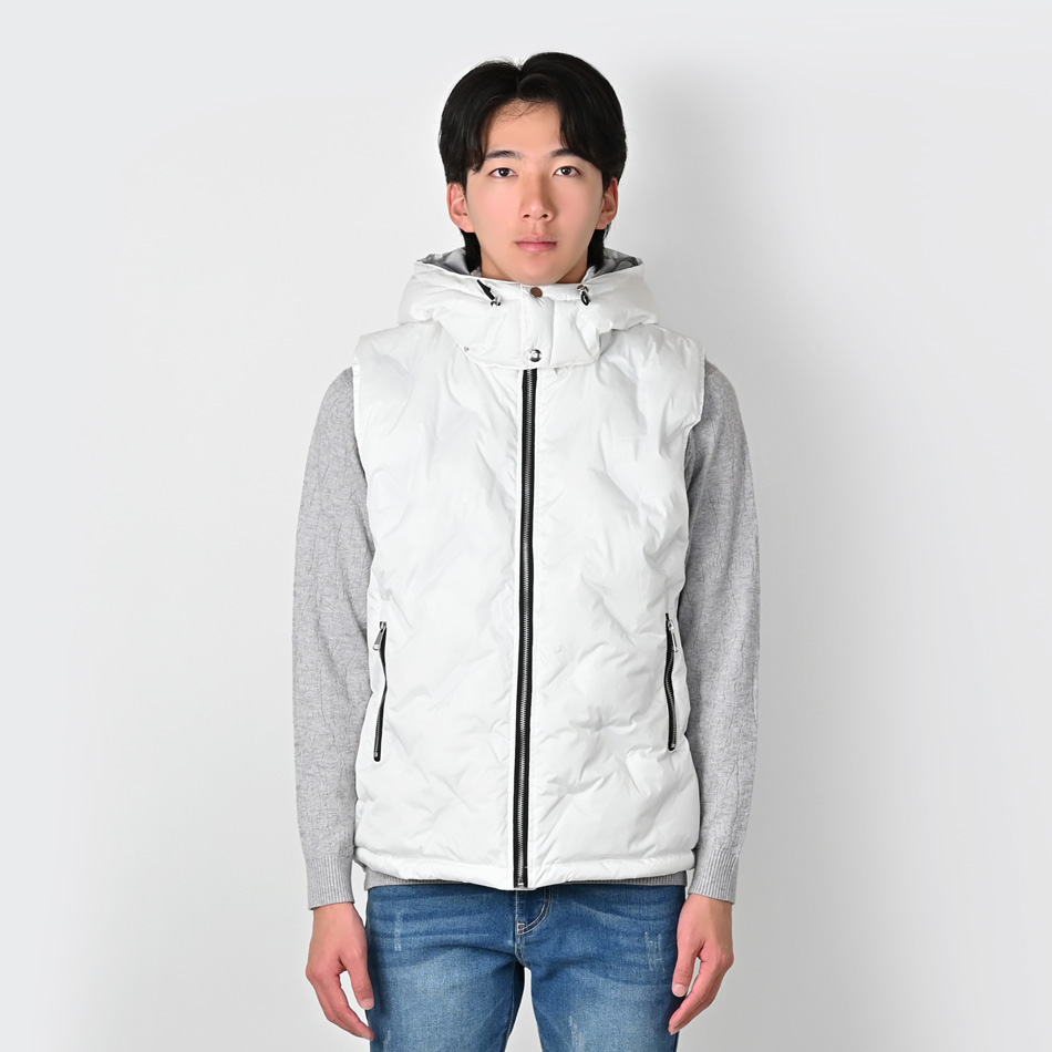 ダウンベスト メンズ シームレス 撥水加工 秋冬 フード取り外し可 無地 モード アウトドア サーフ 暖かい 軽い 細身 タイト 白 黒 ホワイト ブラック M L XL |  | 09