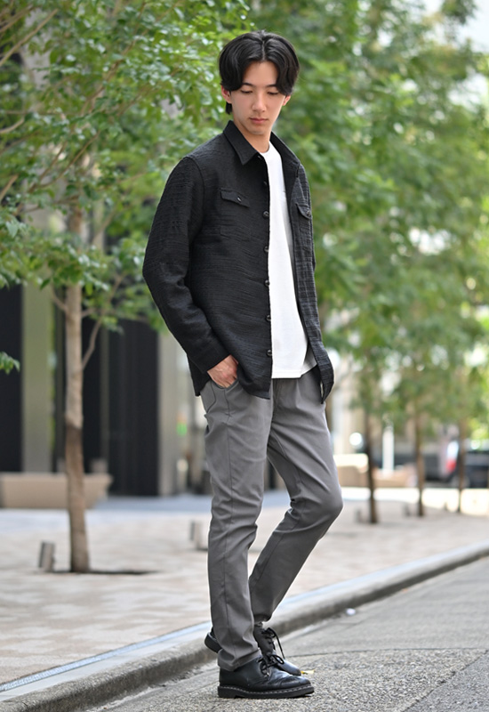 シャツジャケット メンズ ツイードジャケット ワークジャケット シャツアウター 裏地あり 総裏 綺麗め お洒落 春秋冬 モード系 大人 黒 グレー ブラック M L XL | EVOLUTION | 08