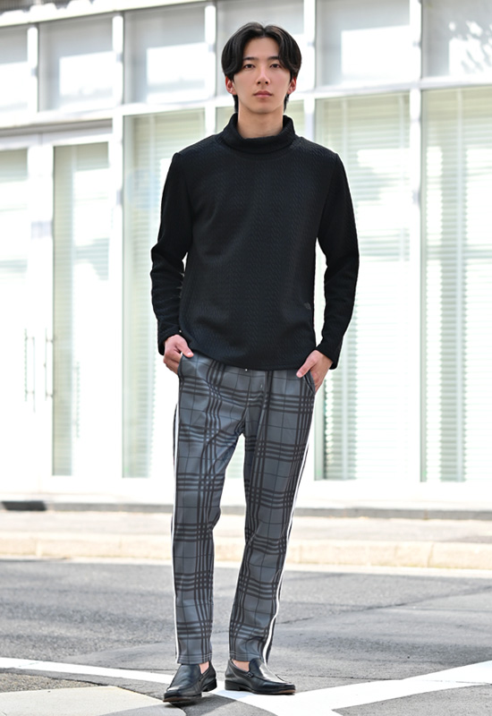 イージーパンツ メンズ テーパードパンツ ストレッチ ライン スリム チェック 韓国ファッション モード 黒 グレー チャコール ブラウン グレンチェック M L XL | EVOLUTION | 07