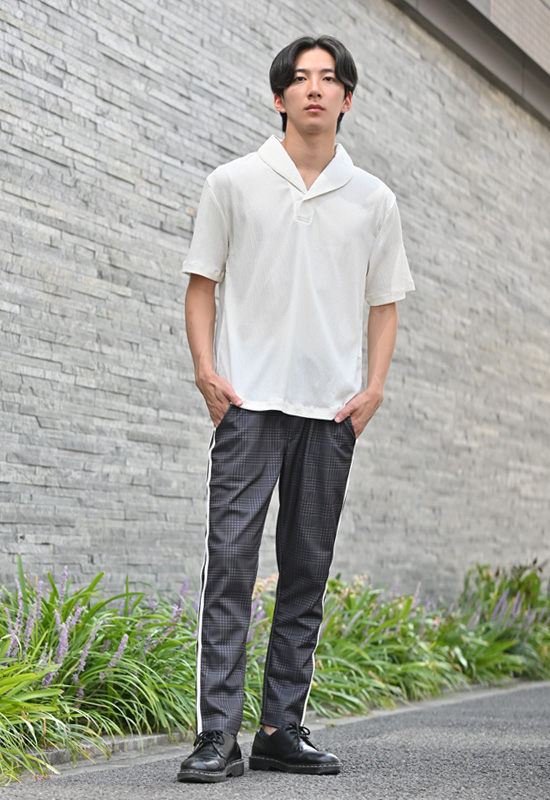 イージーパンツ メンズ テーパードパンツ ストレッチ ライン スリム チェック 韓国ファッション モード 黒 グレー チャコール ブラウン グレンチェック M L XL | EVOLUTION | 09