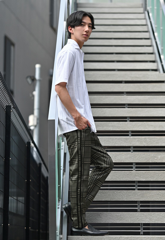 イージーパンツ メンズ テーパードパンツ ストレッチ ライン スリム チェック 韓国ファッション モード 黒 グレー チャコール ブラウン グレンチェック M L XL | EVOLUTION | 11