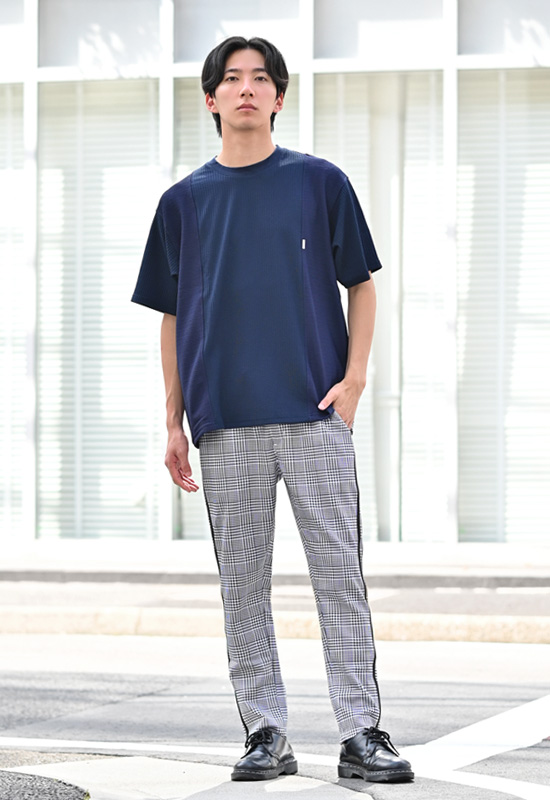 イージーパンツ メンズ テーパードパンツ ストレッチ ライン スリム チェック 韓国ファッション モード 黒 グレー チャコール ブラウン グレンチェック M L XL | EVOLUTION | 13