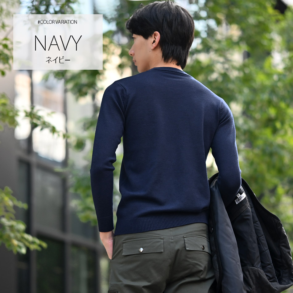 ニット メンズ セーター クルーネック ミドルゲージ 無地 ゴルフウエア ビジネス モード系 韓国ファッション 紺 黒 グレー ネイビー ブラック 無地 M L XL | EVOLUTION | 01