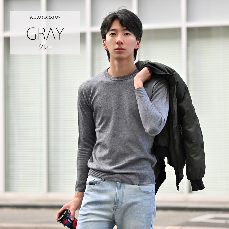 ニット メンズ セーター クルーネック ミドルゲージ 無地 ゴルフウエア ビジネス モード系 韓国ファッション 紺 黒 グレー ネイビー ブラック 無地 M L XL | EVOLUTION | 02