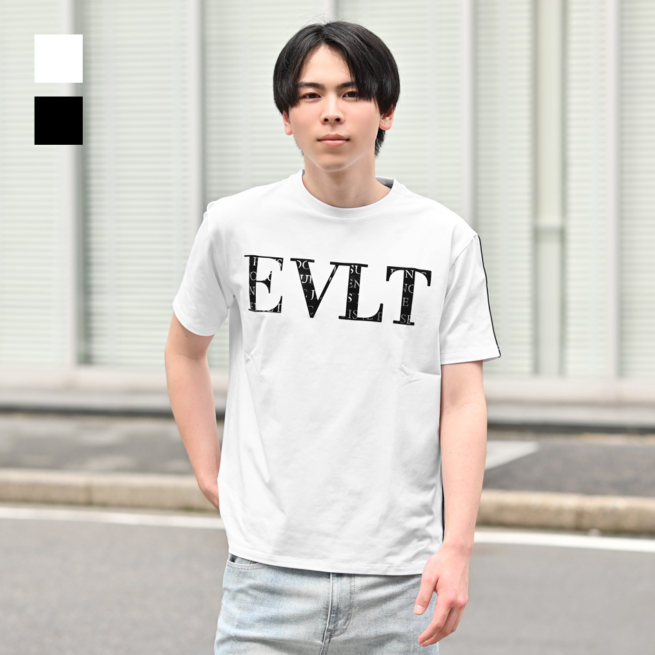 Tシャツ メンズ ロゴ プリント 半袖 白 黒 ホワイト ブラック ストレッチ フロッキー 箔プリント タイト 細め モード ビター系 サーフ系 M L XL LL 2L | 