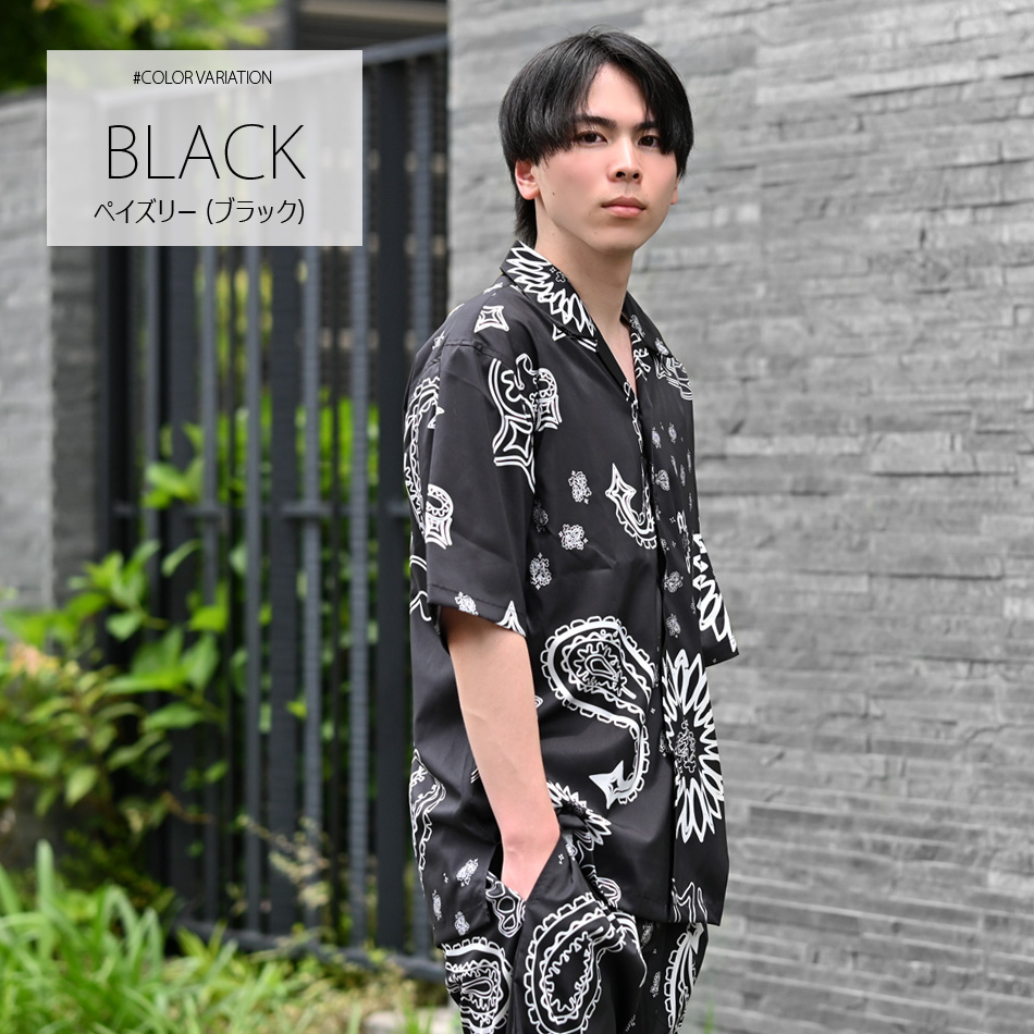 カジュアルシャツ メンズ 半袖 総柄 開襟シャツ セットアップ(別売) 白 黒 ホワイト ブラック グリーン 豹柄 ゼブラ ペイズリー M L XL LL 2L 51235 51237 51239 |  | 25