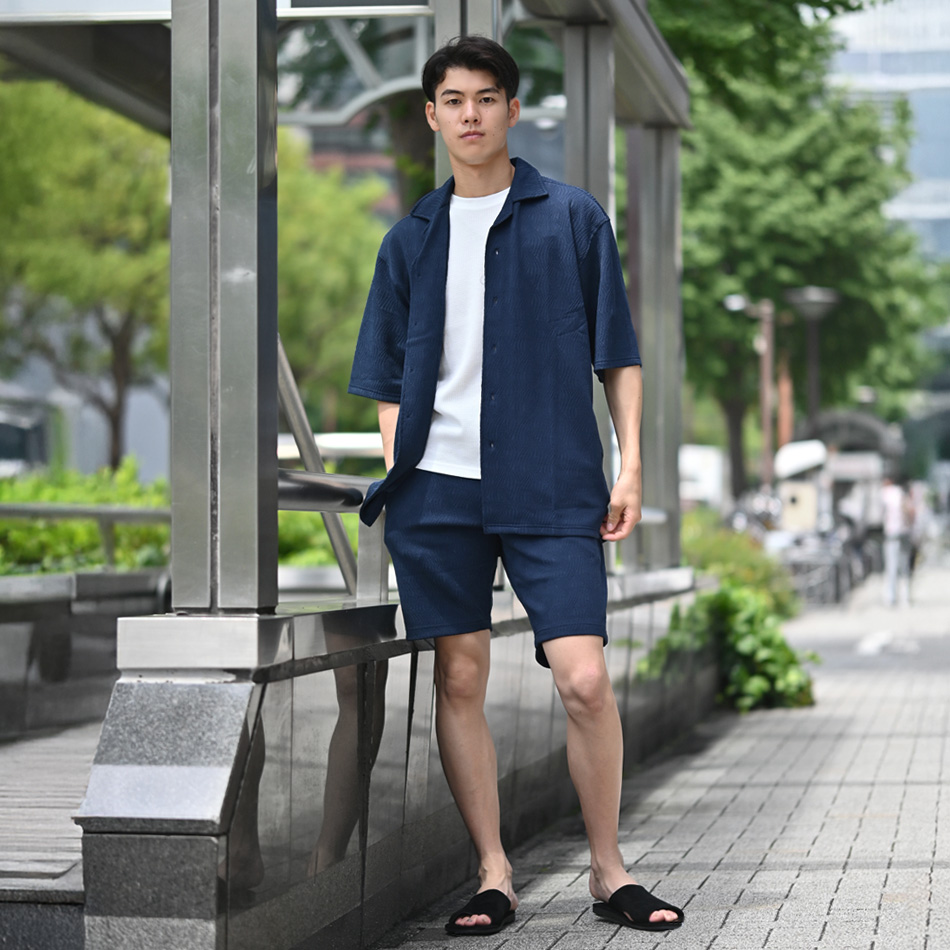 カジュアルシャツ メンズ 半袖 開襟シャツ 無地 ジャガード シンプル セットアップ(別売) 白 紺 黒 ホワイト ネイビー ブラック ジャガード M L XL LL 2L |  | 10