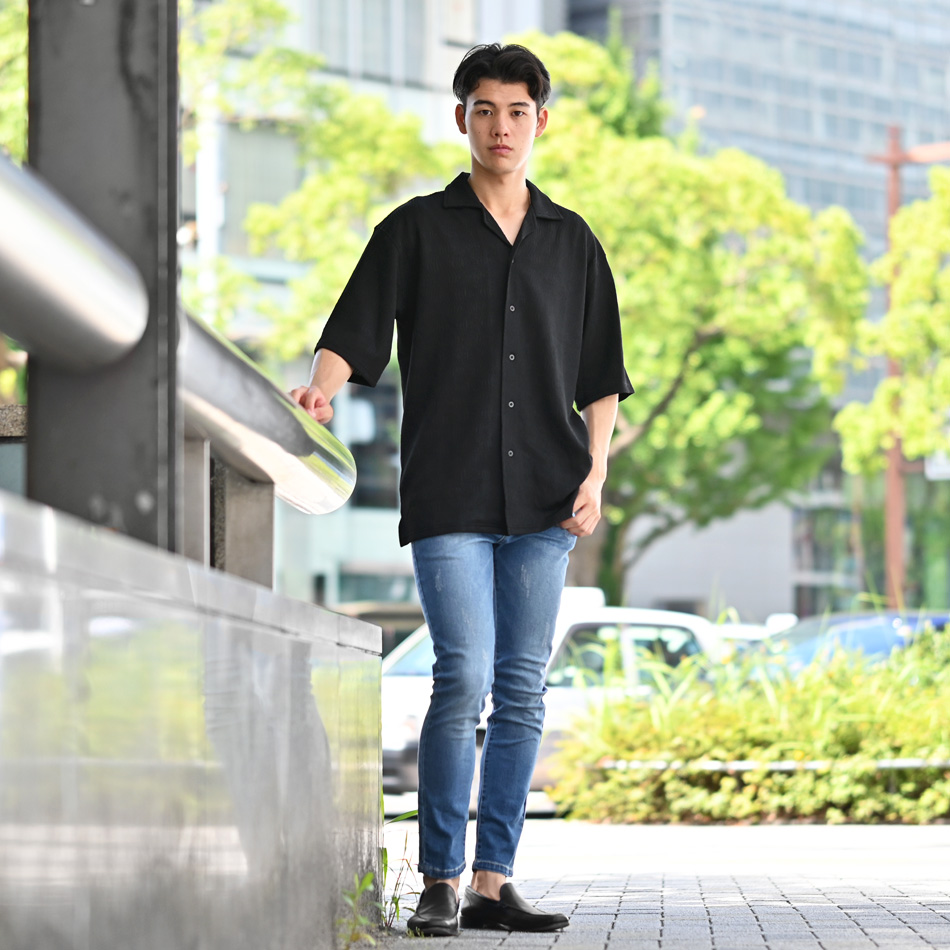 カジュアルシャツ メンズ 半袖 開襟シャツ 無地 ジャガード シンプル セットアップ(別売) 白 紺 黒 ホワイト ネイビー ブラック ジャガード M L XL LL 2L |  | 12