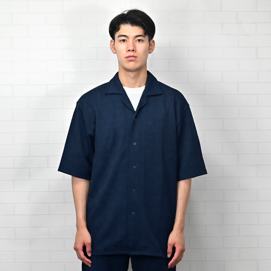 カジュアルシャツ メンズ 半袖 開襟シャツ 無地 ジャガード シンプル セットアップ(別売) 白 紺 黒 ホワイト ネイビー ブラック ジャガード M L XL LL 2L |  | 13
