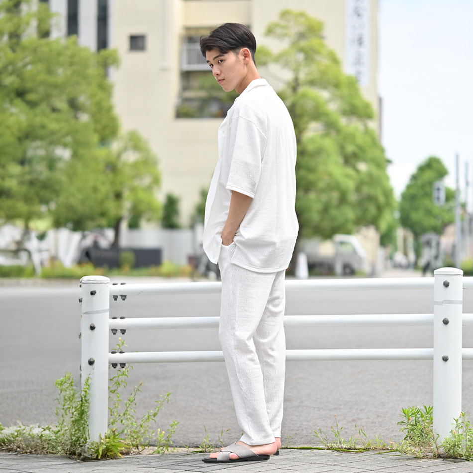 スラックス メンズ イージーパンツ テーパードパンツ サマーパンツ ジャガード ストレッチ セットアップ(別売) 白 紺 黒 ホワイト ネイビー ブラック M L XL |  | 08