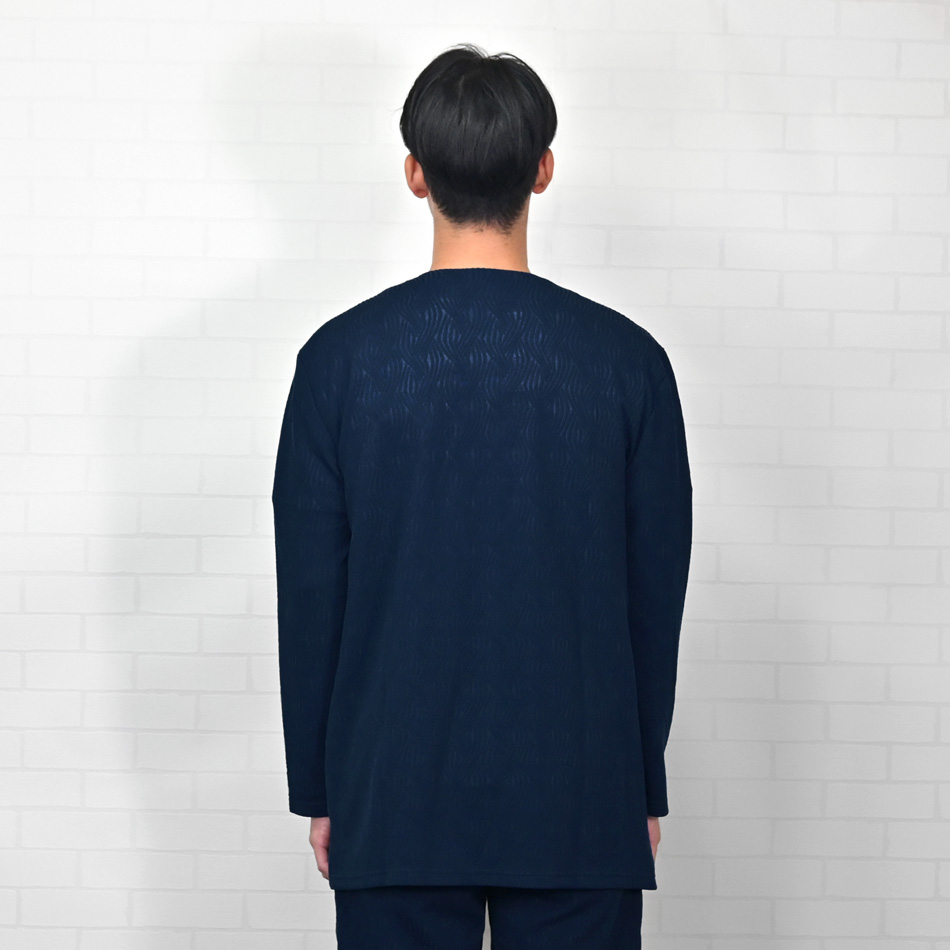 サマーカーディガン メンズ ロングカーデ サマーニット 長袖 ノーカラー 衿なし セットアップ(別売) 白 紺 黒 ホワイト ネイビー ブラック ジャガード M L XL |  | 14