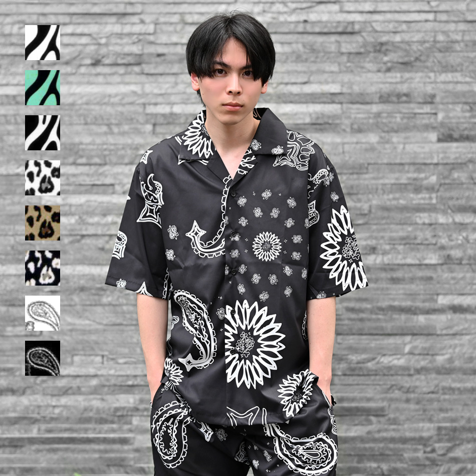 カジュアルシャツ メンズ 半袖 総柄 開襟シャツ セットアップ(別売) 白