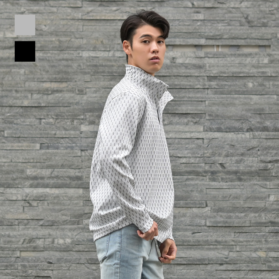 イタリアンカラーニットシャツ カットソー 長袖 メンズ スキッパー 総柄 晴秋冬 ジャガード 黒 グレー ブラック M L XL LL 2L | 