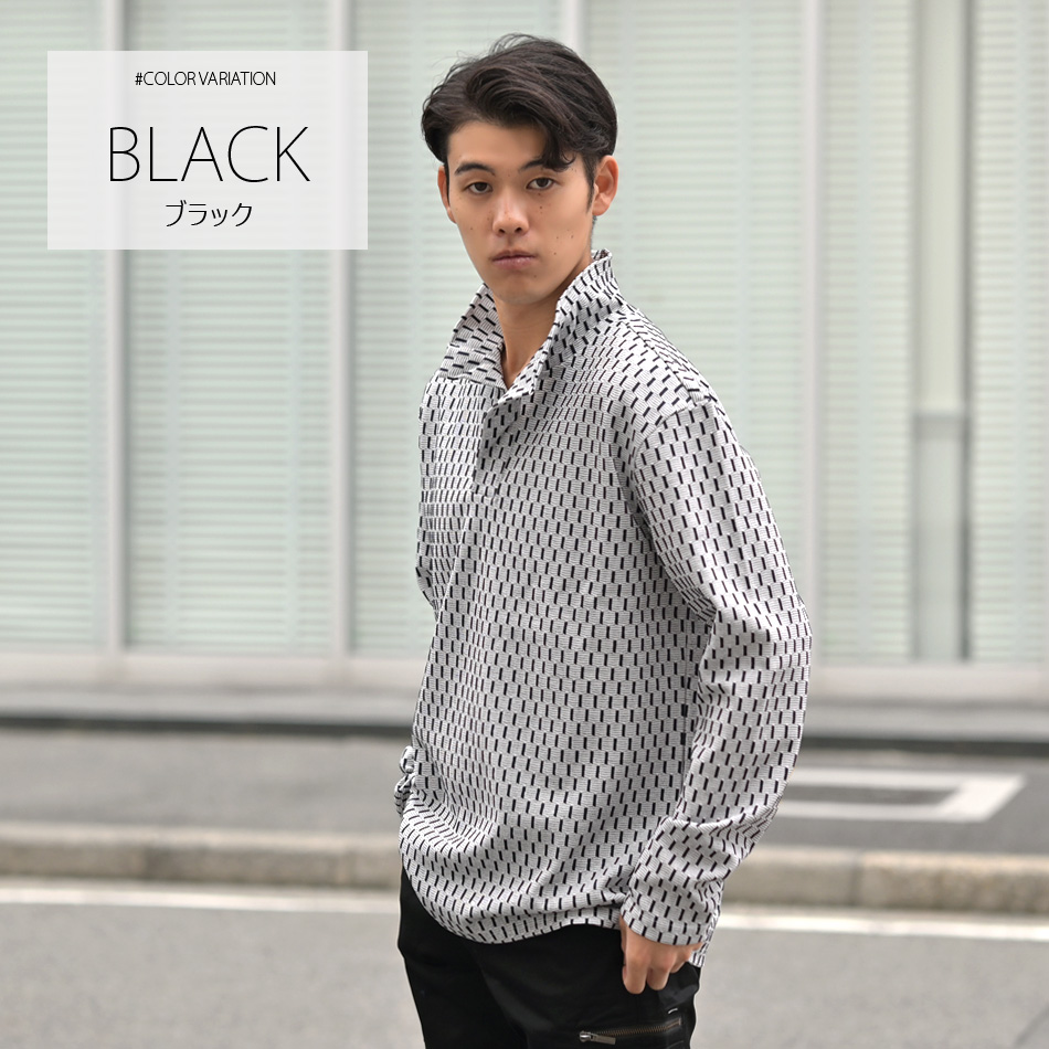 イタリアンカラーニットシャツ カットソー 長袖 メンズ スキッパー 総柄 晴秋冬 ジャガード 黒 グレー ブラック M L XL LL 2L |  | 06