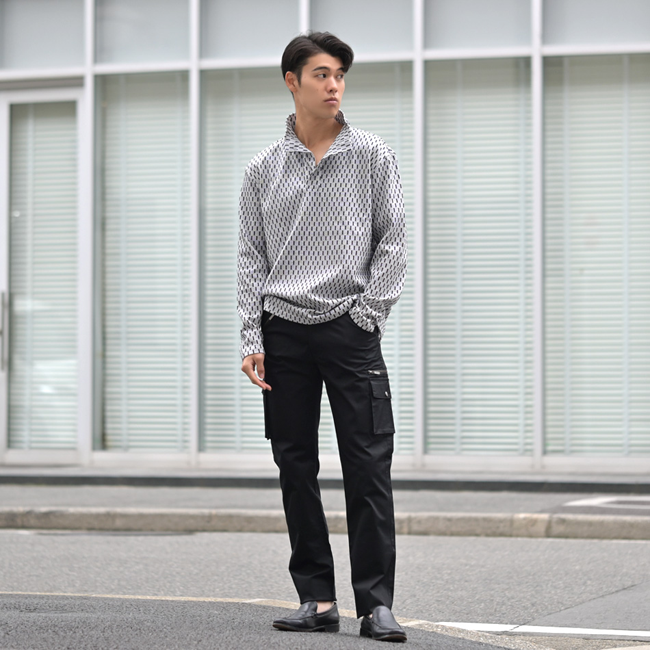 イタリアンカラーニットシャツ カットソー 長袖 メンズ スキッパー 総柄 晴秋冬 ジャガード 黒 グレー ブラック M L XL LL 2L |  | 07