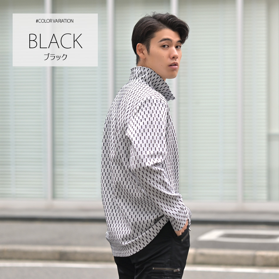 イタリアンカラーニットシャツ カットソー 長袖 メンズ スキッパー 総柄 晴秋冬 ジャガード 黒 グレー ブラック M L XL LL 2L |  | 02