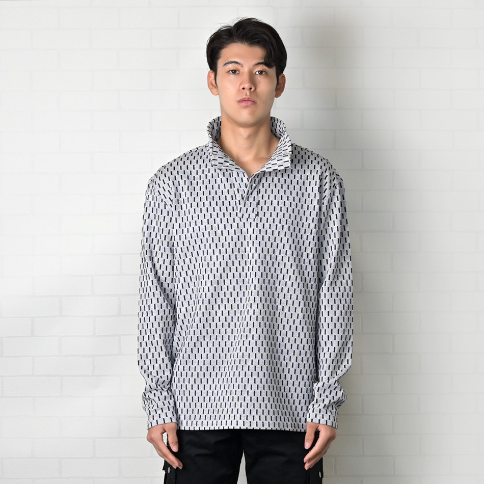 イタリアンカラーニットシャツ カットソー 長袖 メンズ スキッパー 総柄 晴秋冬 ジャガード 黒 グレー ブラック M L XL LL 2L |  | 08