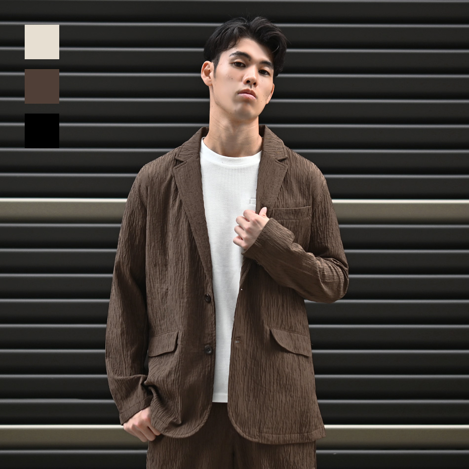 ジャケット メンズ カジュアルジャケット テーラードジャケット ストレッチ 楊柳 無地 裏地なし セットアップ(別売) 秋 春 アイボリー ブラウン ブラック 黒 | 