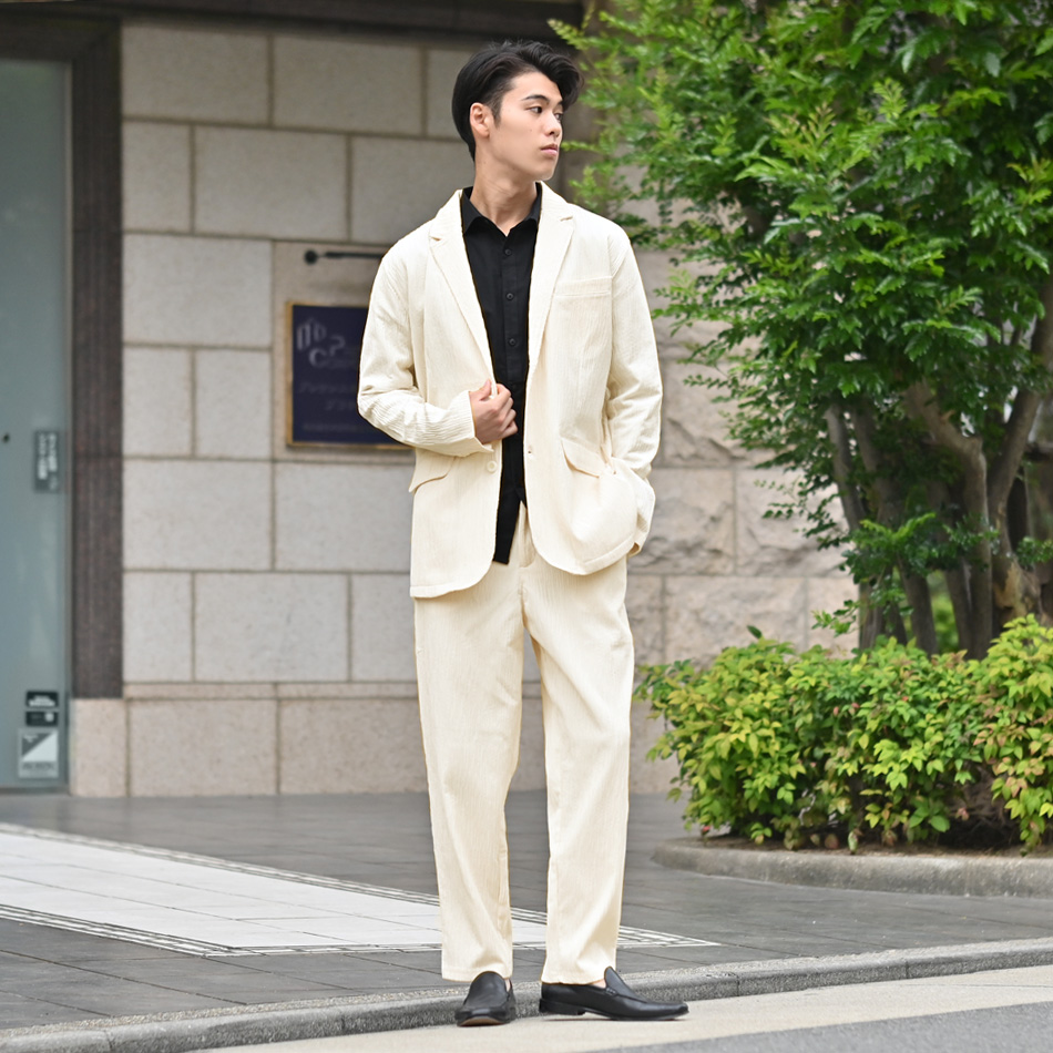 ジャケット メンズ カジュアルジャケット テーラードジャケット ストレッチ 楊柳 無地 裏地なし セットアップ(別売) 秋 春 アイボリー ブラウン ブラック 黒 |  | 07