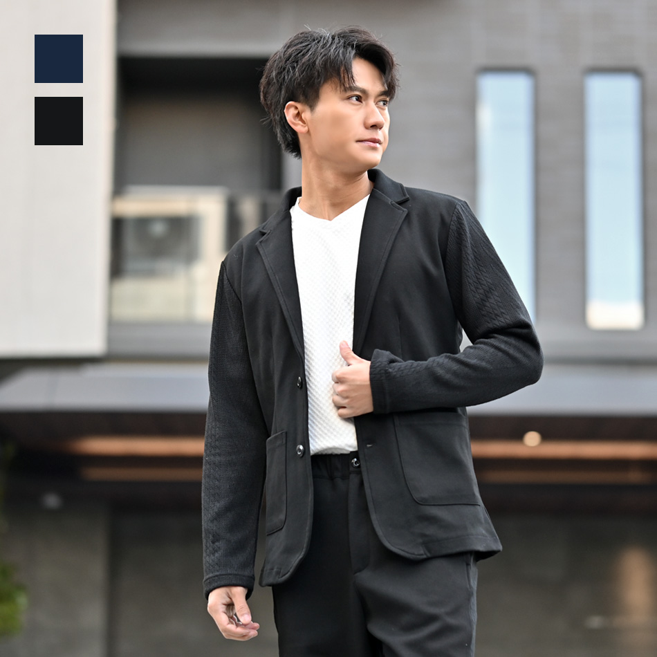 ジャケット メンズ テーラードジャケット ニット カットジャケット ジャガード織 無地 2釦 春夏秋冬 ネイビー ブラック 紺 黒 M L XL LL 2L | 