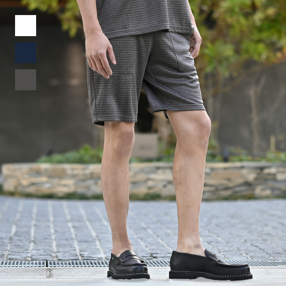 ハーフパンツ メンズ ショートパンツ ハーパン セットアップ(別売) ゴルフウェア 千鳥格子 総柄 ひざ丈 膝上丈 ホワイト ネイビー グレー 白 ストレッチ M L XL | EVOLUTION