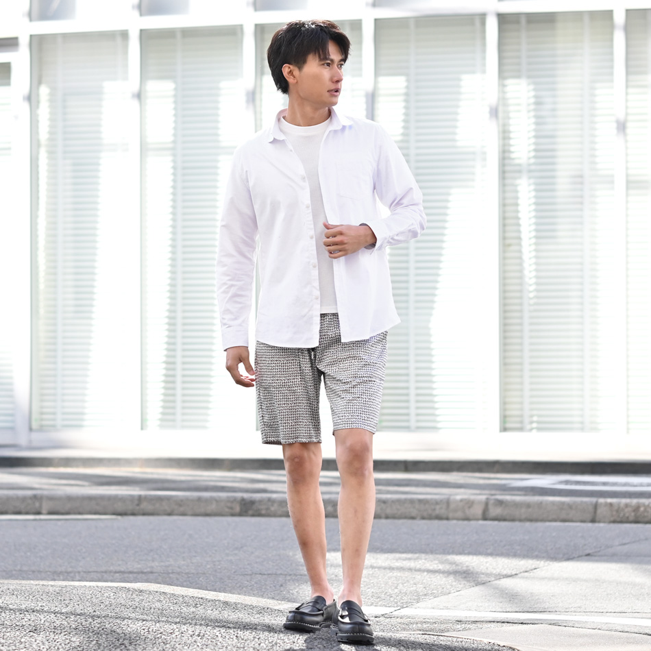 ハーフパンツ メンズ ショートパンツ ハーパン セットアップ(別売) ゴルフウェア 千鳥格子 総柄 ひざ丈 膝上丈 ホワイト ネイビー グレー 白 ストレッチ M L XL | EVOLUTION | 06