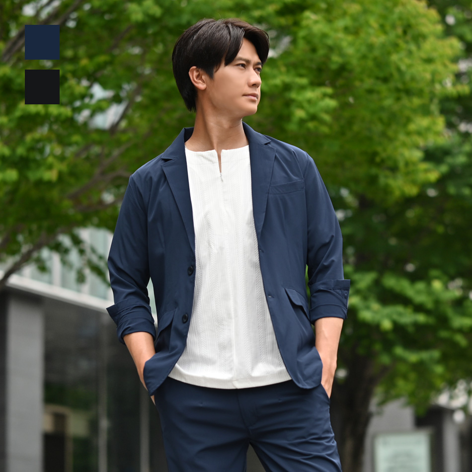 サマージャケット メンズ 接触冷感 メンズ テーラードジャケット カジュアルジャケット ストレッチ 薄手 セットアップ(別売)  紺 黒 ネイビー ブラック M L XL | 